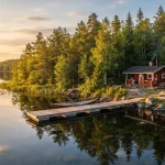 Una suggestiva baita rossa in un bosco durante il tramonto per un indimenticabile viaggio in Finlandia.