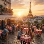 Immagine in stile editoriale di viaggio in Francia con inquadratura dall'alto di un caffè parigino con tavolini all'aperto, sullo sfondo la sagoma iconica della Torre Eiffel.