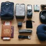 Un tavolo in legno con sopra degli accessori da viaggio utili per le vacanze