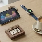 Un tavolo con smartwatch, datario, caffè e schermo di smartphone con grafico a onde sinusoidali che mostra l'andamento ciclico di un bioritmo