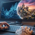 Primo piano di mani sulla tastiera mentre un monitor mostra il processo di creare immagini con l'ai, passando da un wireframe in 3D a una foto realistica di un castello fantastico.