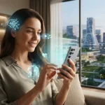 Persona che utilizza la tecnologia in un ambiente moderno: uno smartphone in mano, elementi di realtà aumentata visibili nell'aria, icone digitali che rappresentano intelligenza artificiale, comunicazione globale, salute digitale e intrattenimento online.