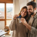 Una coppia in procinto di comprare casa con le chiavi in mano e gli scatoloni sullo sfondo.