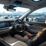 Un'auto di lusso a guida autonoma su un'autostrada diurna, con un passeggero rilassato al posto di guida e il cruscotto con dati di sensori realistici.
