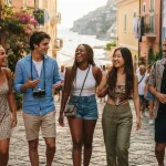 Gruppo di ragazzi che riassume lo spirito delle mete estive per giovani, passeggia ridendo e chiacchierando lungo un pittoresco vicolo di una cittadina costiera mediterranea.