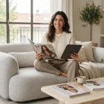 Una donna sorridente su un divano chiaro in un soggiorno minimalista, con in mano una rivista di moda e un tablet, circondata da arredi moderni e riviste femminili sul tavolino.