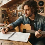 Giovane musicista con in braccio una chitarra acustica sta pensando a come scrivere una canzone all'interno del suo studio casalingo.