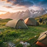 Due tende da campeggio per viaggi itineranti in contesto naturale alpino, vicine a moto e bicicletta e con montagne sullo sfondo.