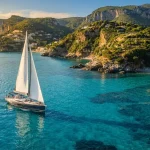 Lo spirito di una vacanza in barca a vela che bordeggia lungo una costa col mare limpido