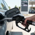 Un automobilista mentre fa il pieno in una stazione di servizio con i prezzi della benzina sullo sfondo