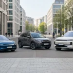 Tre tipologie di auto cinesi in un contesto di moderna città metropolitana