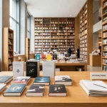 Libri di diverse case editrici esposti su un tavolo di legno chiaro, con bozze di stampa e fogli di lavoro in primo piano, in una luminosa libreria moderna.