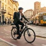 Scena di ciclismo urbano a Milano: una ciclista sorridente con casco e zaino pedala su una bici moderna lungo una corsia ciclabile rossa ben definita.