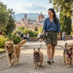 Una dog sitter che porta a spasso dei cani nei vialetti di un parco cittadino