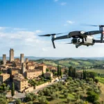 Fotografia editoriale dedicata al mondo dei droni: un drone consumer in primo piano mentre vola sopra un paesaggio italiano