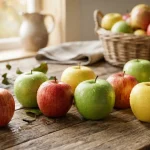 Tavolo di legno rustico cosparso di mele fresche e vivaci nelle tonalità del verde Granny Smith, del rosso brillante Gala e del giallo dorato Delicious.