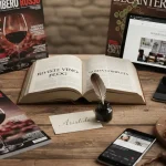 Riviste vino e blog digitali su un tavolo di legno tipico di una cantina di degustazione