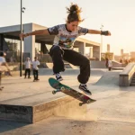 Una giovane atleta concentrata esegue un trick di skateboard acrobatico, sollevandosi in aria in un moderno skatepark al tramonto.