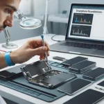 Tecnico di laboratorio che ripara un circuito interno di uno smartphone aperto con un cacciavite con altri telefoni ricondizionati sul tavolo