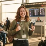Una studentessa sorridente in aeroporto, con in mano passaporto e carta d'imbarco, pronta a partire per un anno all'estero.
