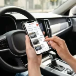 Persona all'interno di un'automobile che consulta annunci di auto usate sullo smartphone.