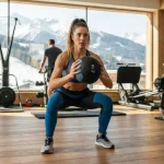 Persone in palestra che fanno ginnastica presciistica tra attrezzature per fare gli esercizi con vista su montagne innevate.