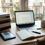 Una scrivania con il necessario per scrivere un libro: pc portatile, taccuino di appunti con penna, tazza di caffè e libri già pubblicati