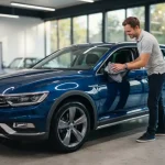 Una persona che si sta preparando a vendere un'auto usata con uno straccio per pulire gli ultimo dettagli