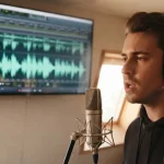 Un cantante in studio canta davanti a un microfono con onda della sua traccia vocale pronta per essere modificata con l'autotune