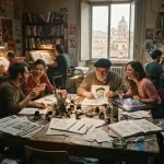 Un gruppo di fumettisti italiani al lavoro in una stanza di una caotica redazione di un giornale a fumetti.