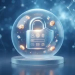 Illustrazione digitale 3D sulla conformità al GDPR e alla privacy online, raffigurante un lucchetto di sicurezza tecnologico con icone di protezione dei dati e cookie fluttuanti su sfondo blu astratto.