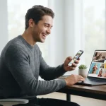 Ragazzo seduto alla scrivania sorride tenendo in mano uno smartphone, mentre il suo laptop mostra una chat di gruppo piena di meme, immagini divertenti e foto di persone con cappelli strani.