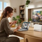 Giovane donna utilizza linea di internet casa su laptop con router Wi-Fi e smart TV in un soggiorno moderno.