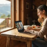 Donna in videochiamata su laptop in baita di montagna con antenna per internet satellitare visibile sul balcone.