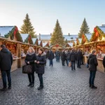 Mercatini di Natale tra le casette di legno, decorazioni artigianali, alberi addobbati