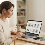 Foto realistica di una persona che fa shopping online al computer, seduta alla scrivania di casa.