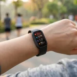 Smartband al polso di uno sportivo che sta correndo