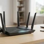 Router wireless moderno con più antenne con un laptop e uno smartphone collegati con tecnologia wi-fi