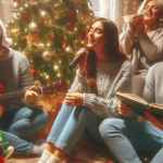 Persone che cantano canzoni di Natale sotto l'albero