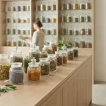 Elegante erboristeria contemporanea, banco in legno chiaro con piccoli contenitori di vetro contenenti foglie, fiori, radici e altre piante officinali essiccate, alcune erbe fresche e un mortaio in ceramica.