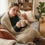 Una persona alle prese con un fastidioso raffreddore, avvolta in una coperta sul divano con una tazza di tè caldo.