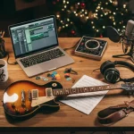 Tavolo con su regali per musicisti e accessori per fare musica