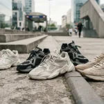 Una composizione dinamica con diverse sneaker contemporanee di design disposte in un ambiente urbano moderno.