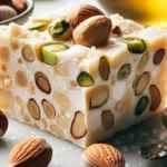 Pezzo di torrone con mandorle e pinoli