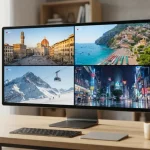 Un monitor su una scrivania che mostra immagini di 4 webcam in diretta differenti di una città italiana, spiaggia, piste da sci e metropoli straniera