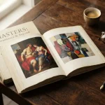 Cataloghi d'arte su un tavolo in legno di quercia scura. Le pagine mostrano dipinti rinascimentali e contemporanei a colori vivaci.