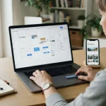 Persona al lavoro su un computer portatile mentre sta per creare app gratis con un'interfaccia visuale no-code con blocchi, schermate di un'app mobile e semplici elementi grafici trascinabil