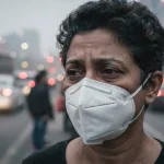 Una persona con mascherina e sguardo preoccupato per l'inquinamento atmosferico in mezzo al traffico automobilistico cittadino.