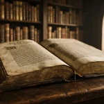 Un antico libro aperto con pagine ingiallite e scritte in caratteri eleganti all'interno di una biblioteca con scaffali colmi di libri antichi.