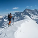 Sciatore solitario pratica sci alpinismo risalendo una cresta di una montagna innevata sotto un cielo azzurro.